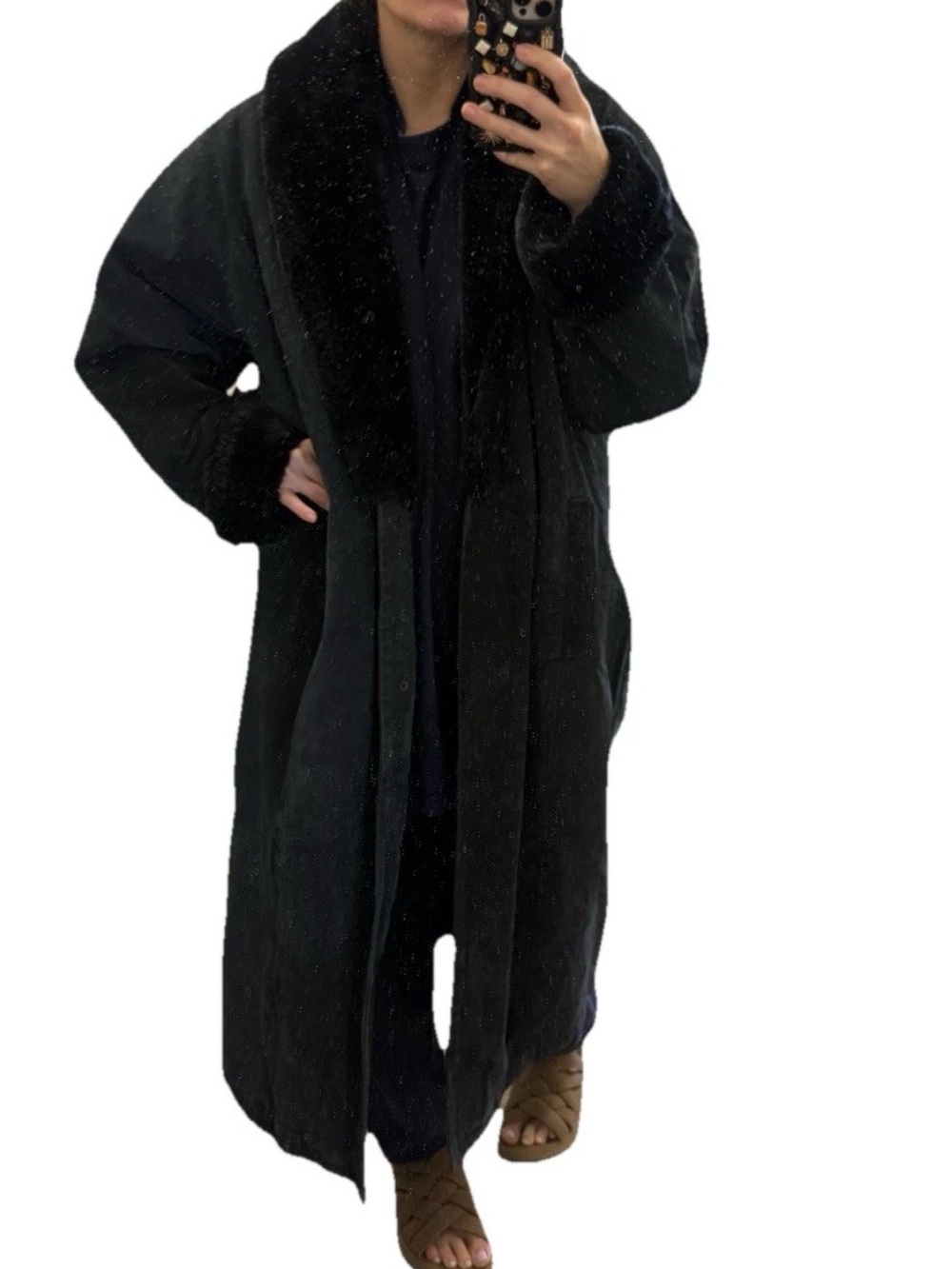 Vintage mob wife Women's XL long maxi suede Black Faux Fur trim Collar Coat